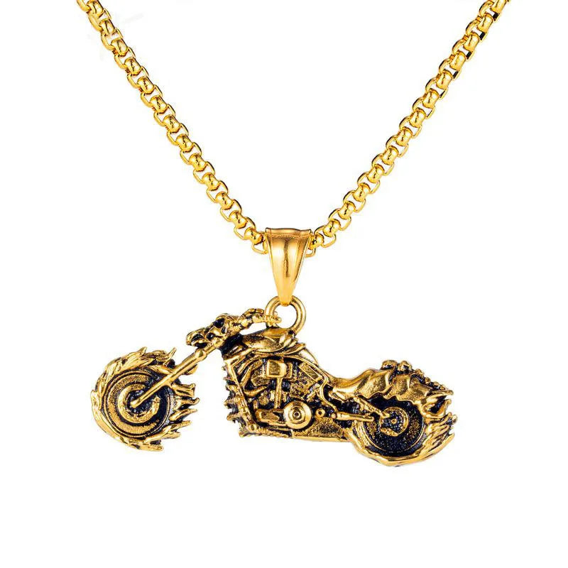 Punk Motorbike Skull Skeleton Casting Pendant Gold Plated Necklace Men Titanium Stainless Steel