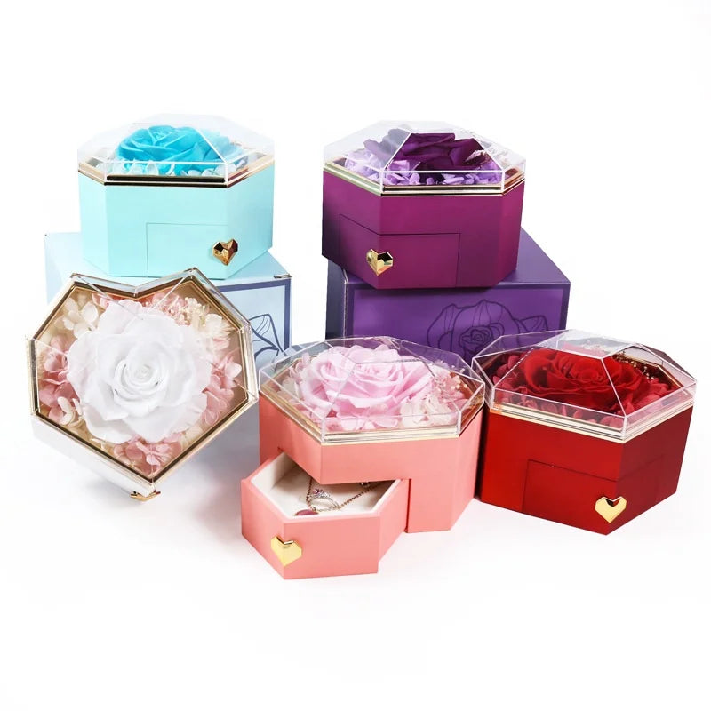 Creative Romantic Valentine's Day Diamond Eternal Rose Ring Necklace Earnail Flower Jewelry Box Suitable for Mother's Day