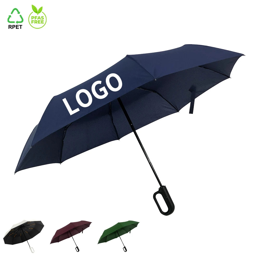 OVIDA Compact Portable Waterproof Travel Custom Ring Buckle Plastic Handle Three-Folding Pongee Fully-Automatic Umbrella Logo