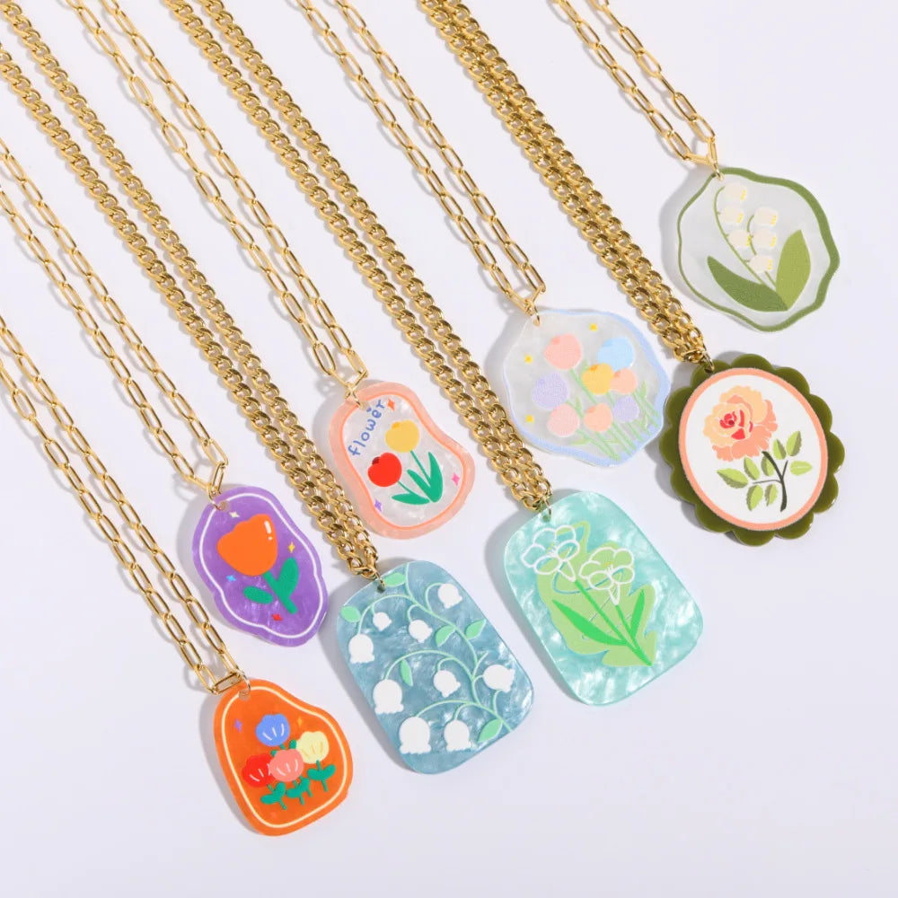 Minimalist Ripple Print Flower Pendant Necklace 18K Gold Plated Stainless Steel Choker Irregular Acrylic Resin Flower Necklace