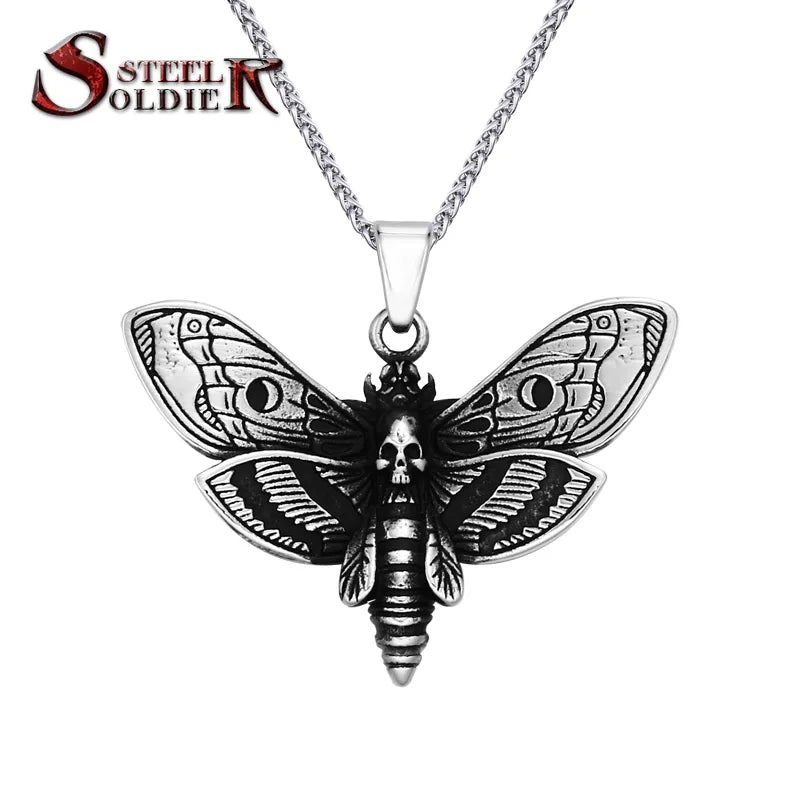 SS8-599P Wholesale Death Head Skull Butterfly Moth Pendant Necklace for Man Stainless Steel Punk Good Detail Animal Jewelry