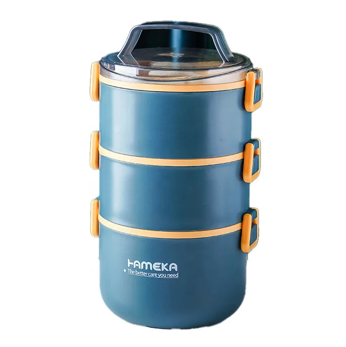 Three Layer 2200m Reusable Portable Children's Round Food Container Thermal Insulated Lunch Box with Handle