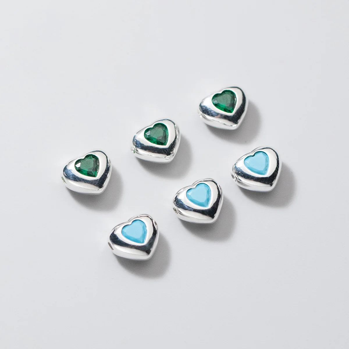 Shiny 925 Sterling Silver Zircon Heart Spacer Beads Green Blue Heart Charms Beads for Jewelry Making