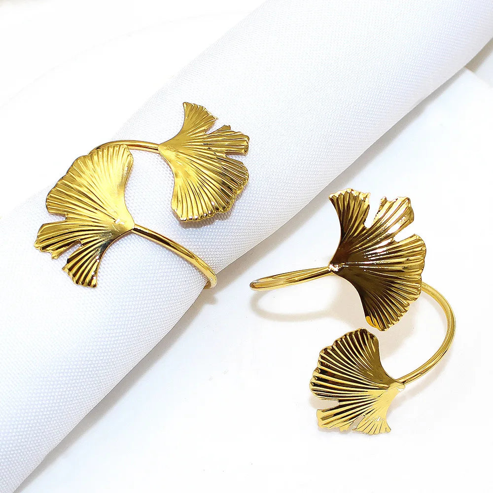 Wholesale Stocked Classic Eco-Friendly Metal Stainless Steel Golden Ginkgo Leaf Napkin Ring for Restaurant Parties