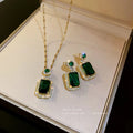 Classic Style Emerald Green Earrings and Necklace Sets Collarbone Chain Crystal Square Choker Necklace for Women