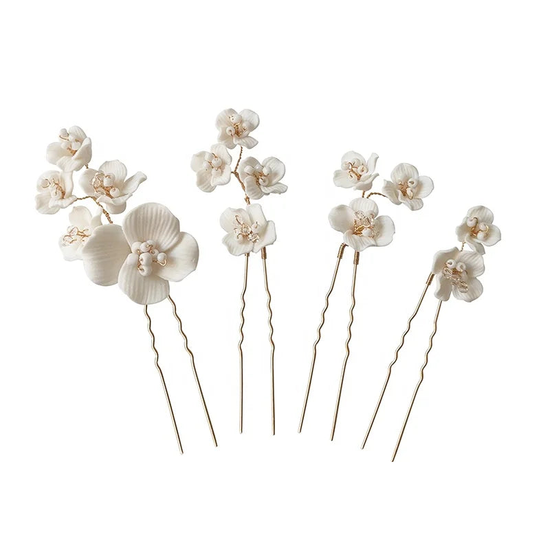 Handmade Elegant Ceramic Flower Pearl Bridal Hair Accessories Wedding Hair Comb Pin Tiara Jewelry Unique Handcrafted Headpiece