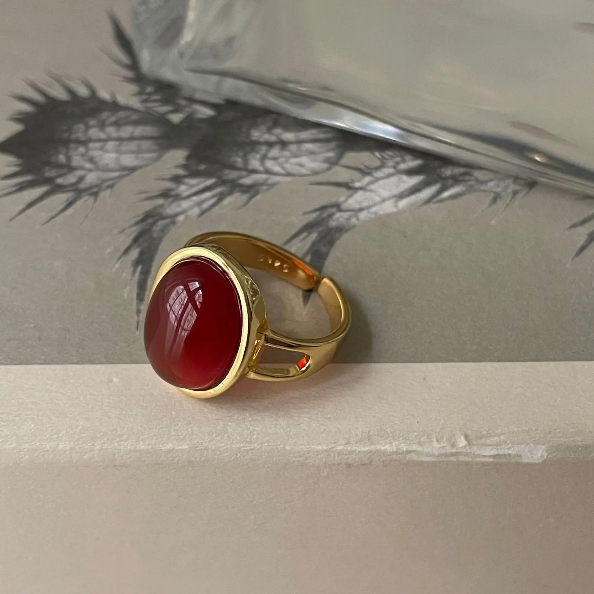 Silverbene Elegant Red Oval Natural Agate 925 Sterling Silver Adjustable Ring