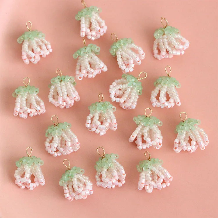 Simple 13*18mm Seed Beads Dangle Colorful Handmade Pink Beaded Flower Tassel Pendant for DIY Jewelry Earring Accessories