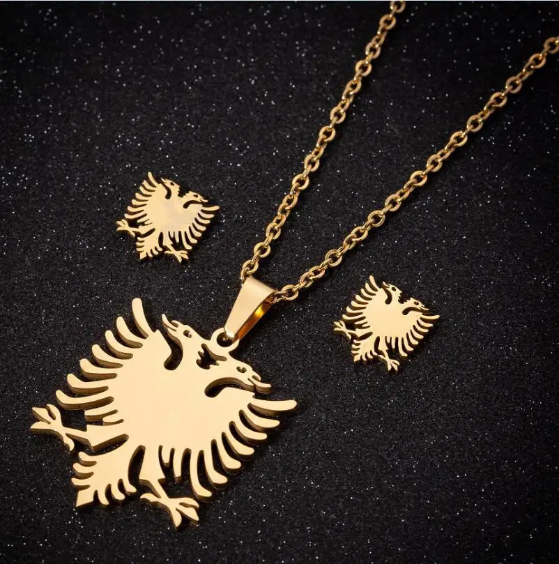 Gold Plated Albanian Eagle Pendant Necklaces Stainless Steel Albanian Eagle Necklace With Earrings Set