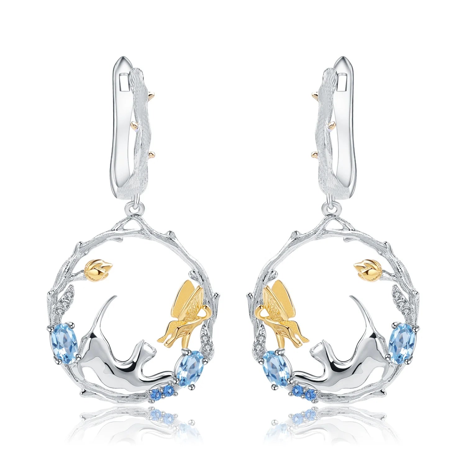 Abiding New Design Natural  Blue Topaz  Animal Earrings 925 Sterling Silver Cat Earrings Silver Earring Jewelry