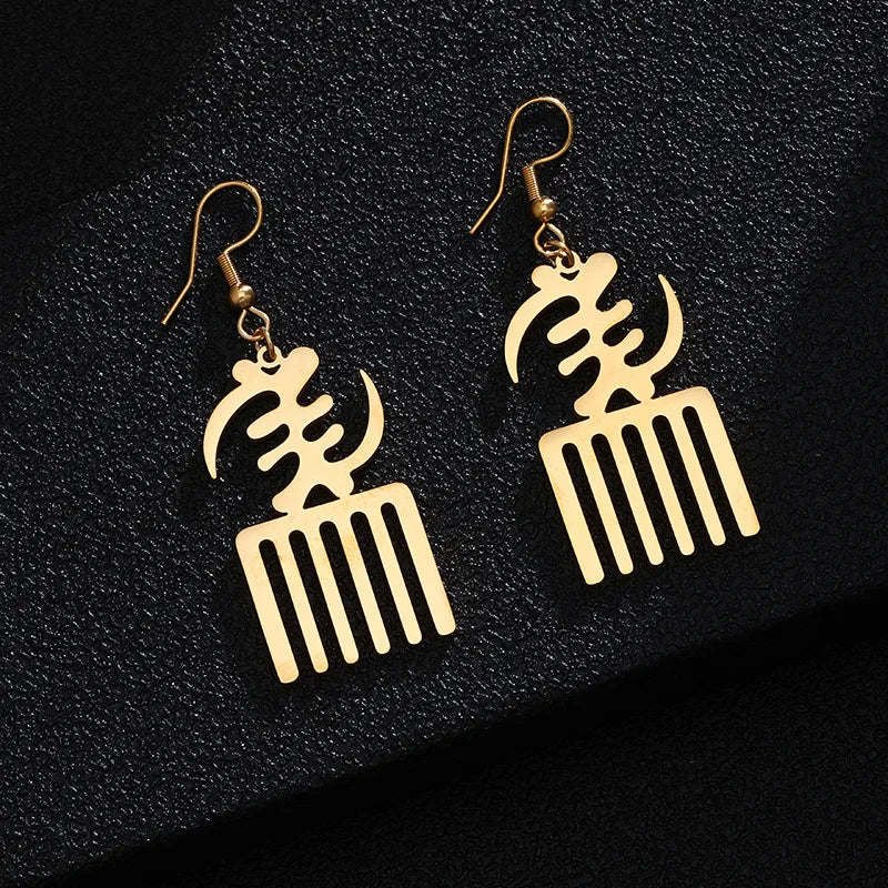 18K Gold Plated Stainless Steel Gye Nyame Pendant Earring Adinkra Symbol Jewelry West African Design Drop Dangle Africa Earring