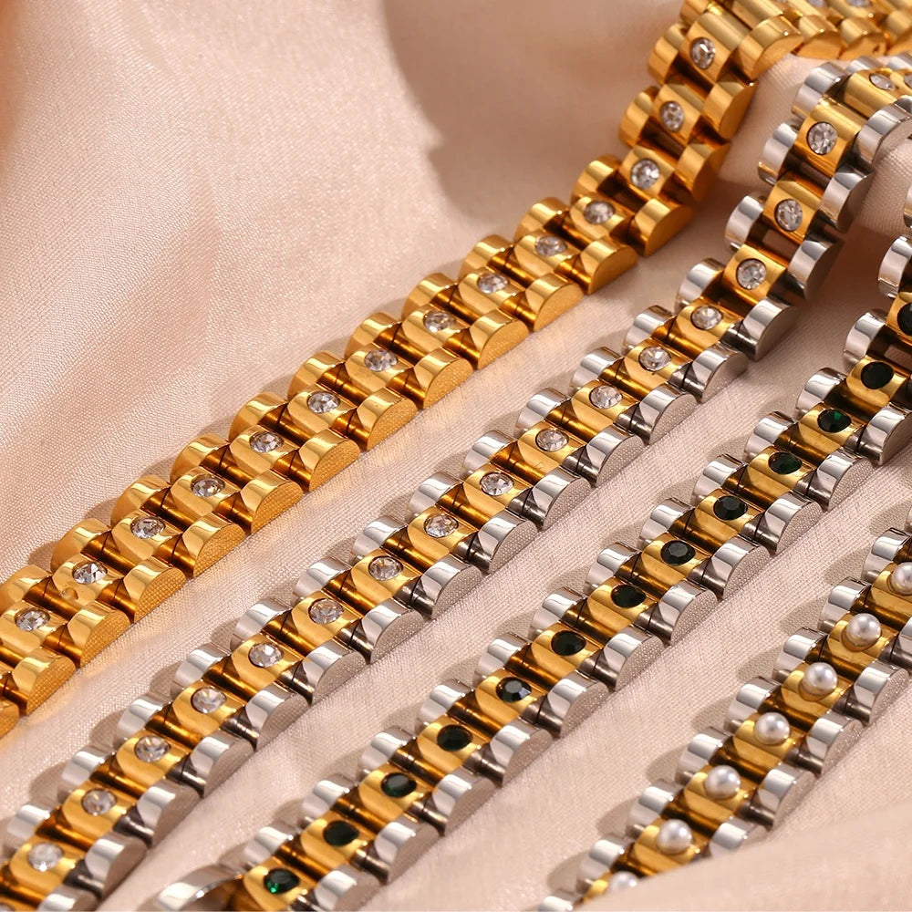 Tarnish Free Jewelry Zircon 18k Gold Plated Watchband Chain Bracelet for Women Water Proof Stainless Steel Jewelry
