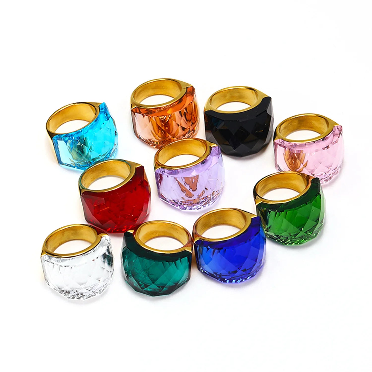 DAIHE Europe and America Luxury Semi Transparent Gemstone Ring 18k Gold-Plated Natural Stone Stainless Steel Ring Waterproof