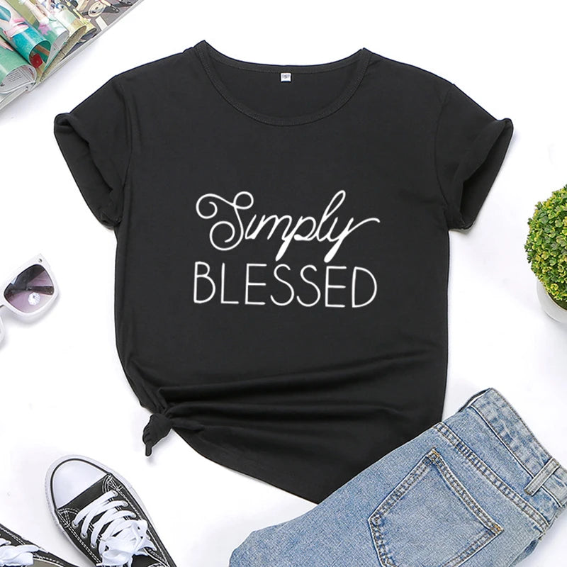 American Hot Style 100% Cotton Simple BLESSED Girl Women O Neck T-shirt
