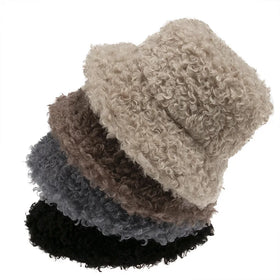 Trendy Warm Lamb Faux Fur Bucket Cap Solid Fluffy Fishing Cap Panama Bob Fisherman Winter Hats for Men and Women