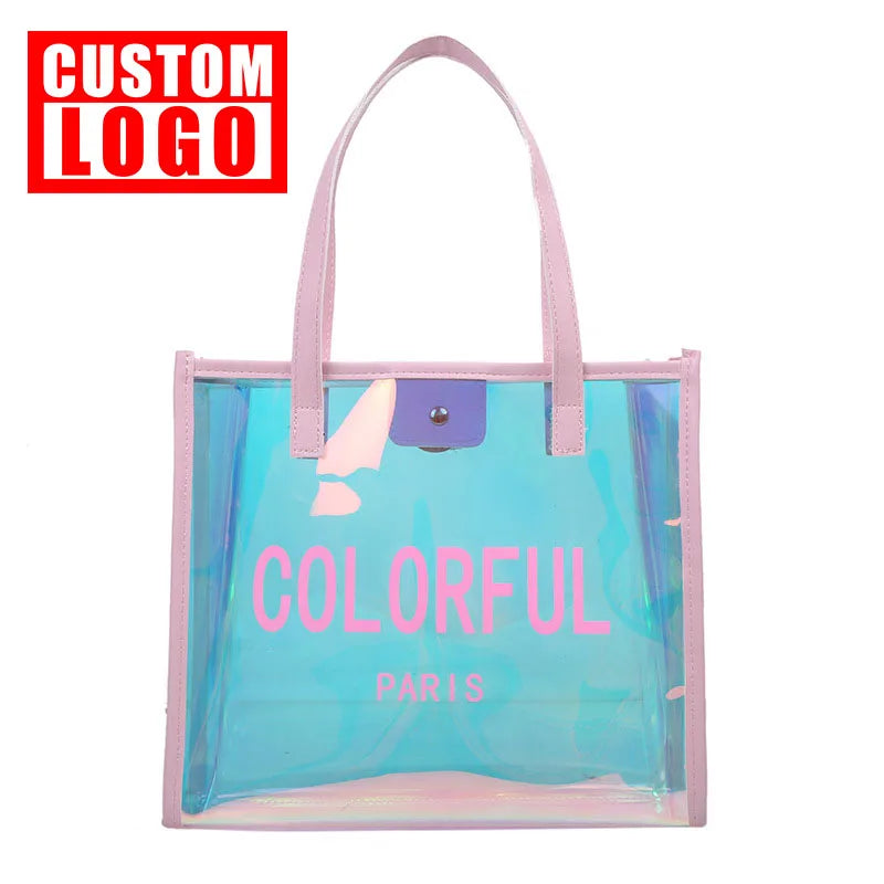 Custom Logo Women Transparent Bag Sac a Main Hologram Laser Clear Pvc Shopping Bag Ladies Holographic Beach Tote Bags
