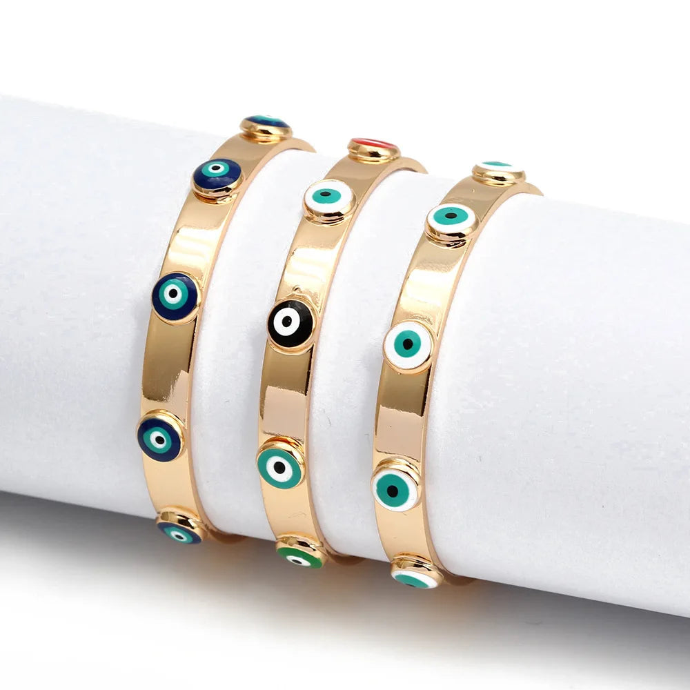 Boho New Arrival Enamel Turkish Blue Eye Bangle Gold Plating Open Cuff Evil Eyes Bangle