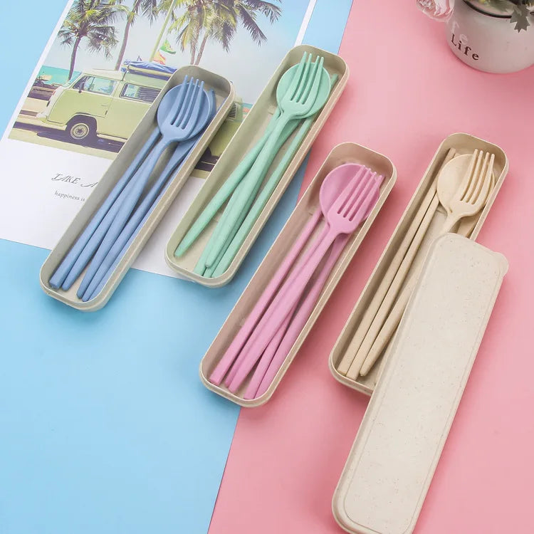 Eco-Friendly Food Safe 4pc Wheat Straw Chopsticks Set Modern Knife Spoon Fork Cutlery Flatware Case Home Use Custom Logo Camping