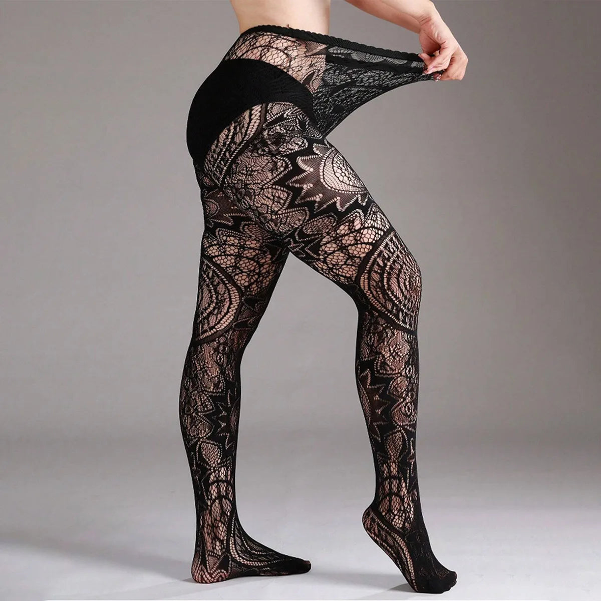 Luxury Retro Tattoo Jacquard Knitted Polyester Base Stockings Women Sexy Black Hollow Solid Breathable Thin Thigh High Tights