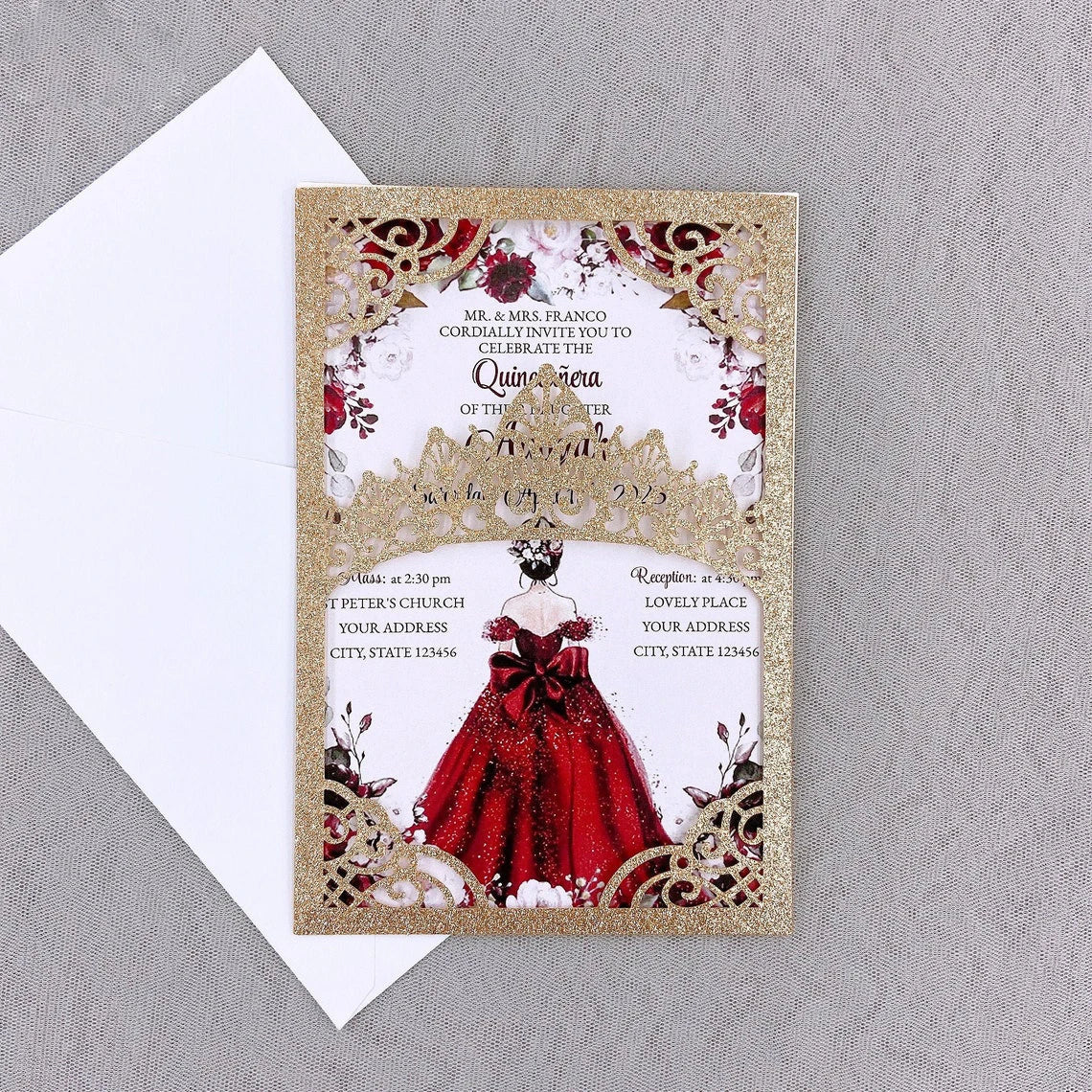 Western European Style Custom Personalized Glitter Laser Cut Wedding Invitations and Envelopes