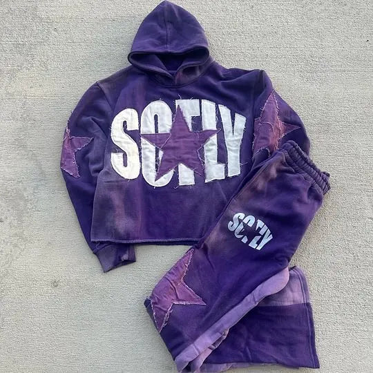 OEM Custom Men's Autumn Street Style 100% Cotton Fleece Tracksuit Applique Embroidery Silk Screen Printed Vintage Wash Set