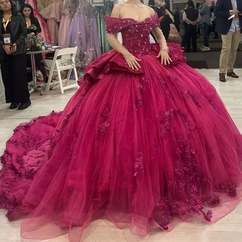 Off the Shoulder Long Sleeve Beading Quinceanera Dresses Ball Gown 3D Flowers Appliques Lace Sweet 15 Vestidos De XV Anos MQ758