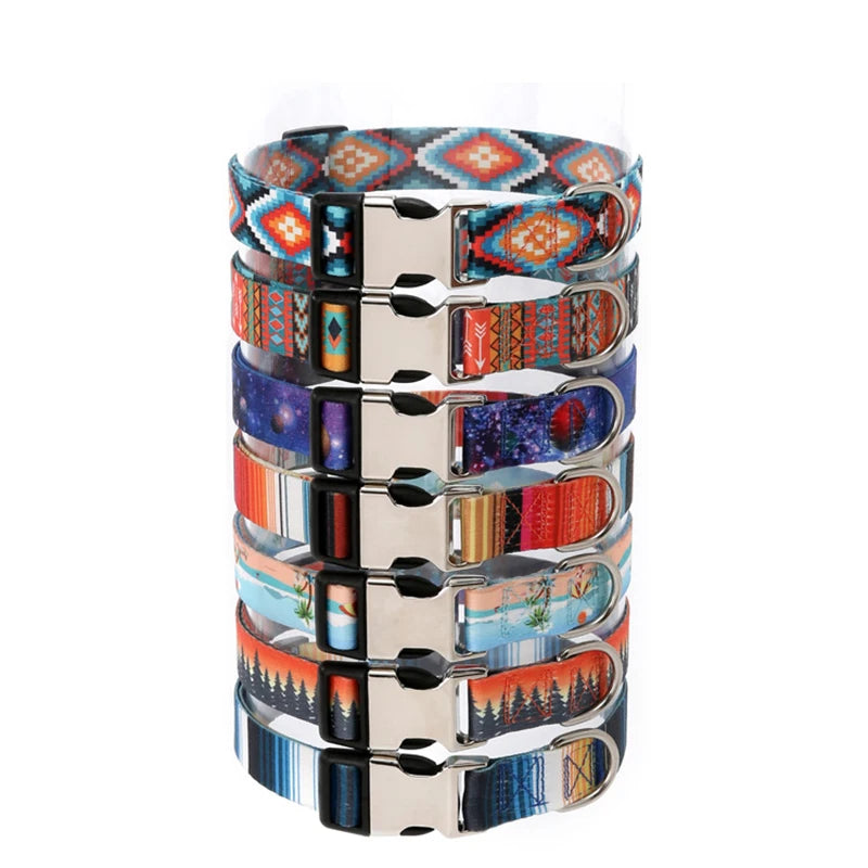 Custom Name Quick Release Engraved Metal Buckle Dog Collar Ethnic Striped Forest HD Pattern Polyester Chien Necklace Dog Collar
