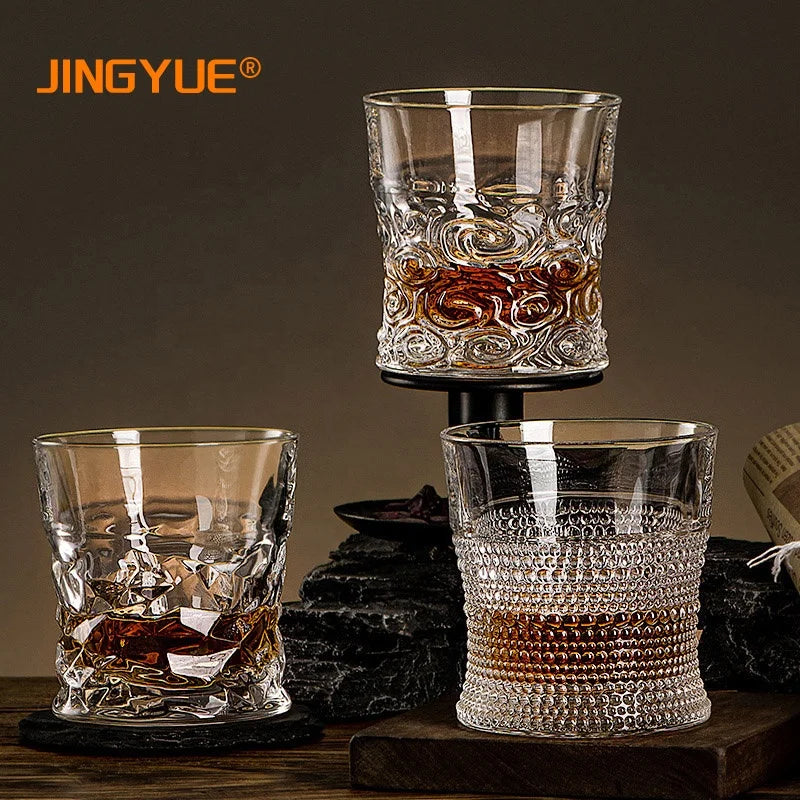 JINGYUE 300ml Custom Lead Free Transparent Thermo Insulated Double Walled Whiskey Glasses with Embossed Design for Bar Parties