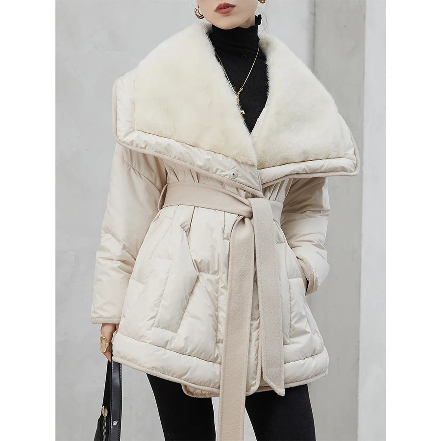 OFTBUY 2023 Winter Luxury Natural Mink Fur Collar Coat 90% White Goose Feather Casual Style Women's Warm Overcoat