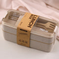 Double Layer Wheat Straw Kids Lunch Box with Fork Spoon Office Student Microwave Heating Portable Container