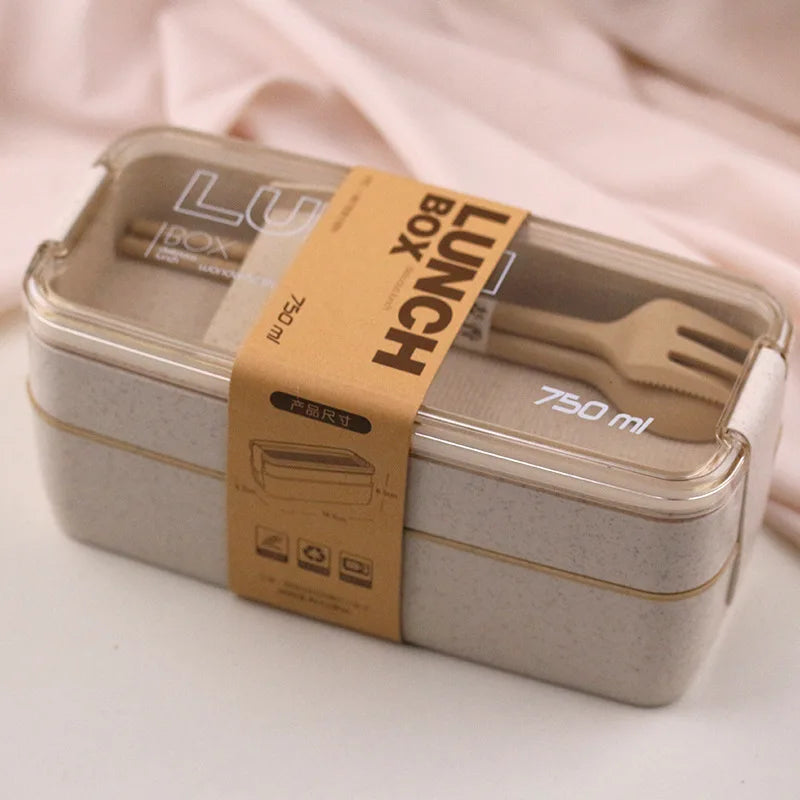 Double Layer Wheat Straw Kids Lunch Box with Fork Spoon Office Student Microwave Heating Portable Container