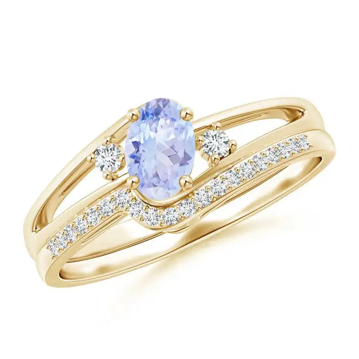 Sapphire Diamond Anniversary Ring 14K Solid Yellow Gold Natural Tanzanite with CZ Classic Wedding