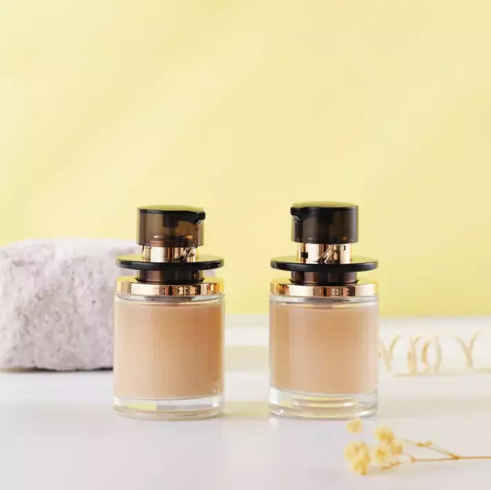 Custom 1oz Cosmetic Round Glass Bottles with Pump Black Cap Empty 30ml Foundation Pump Bottle