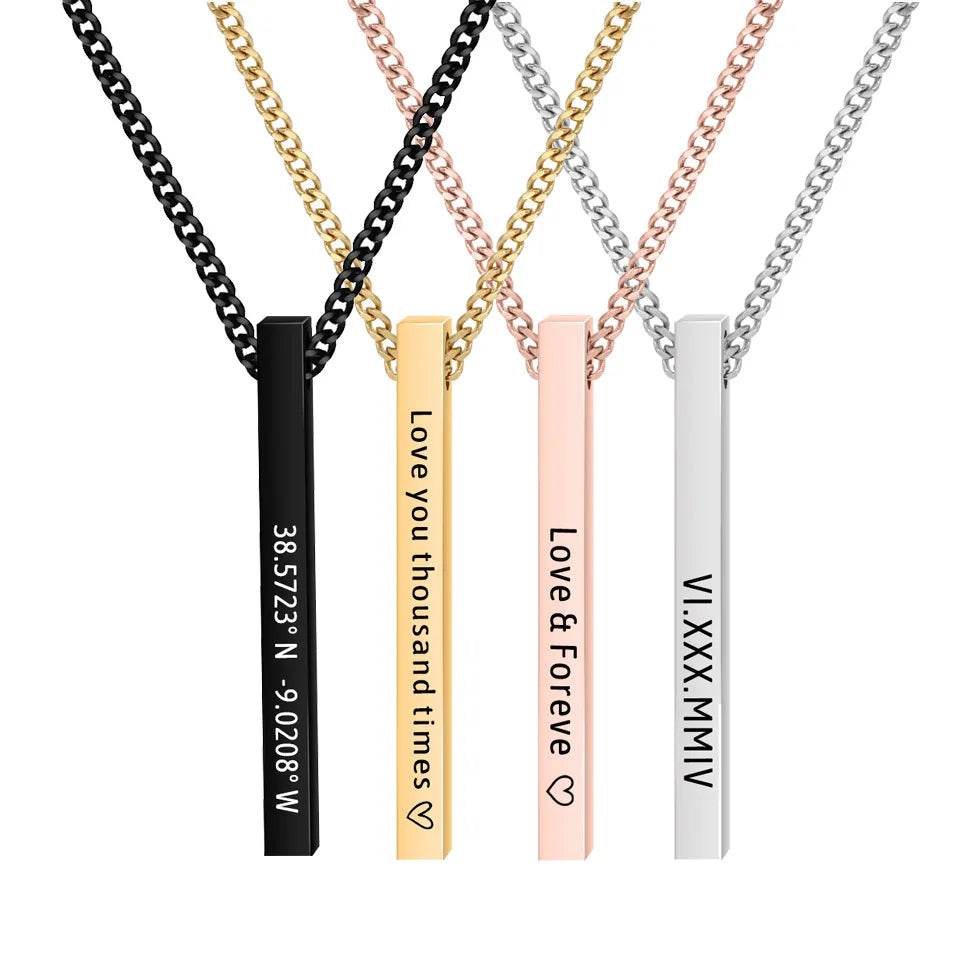 New Style Stainless Steel Necklace Gold Engraved Bar Pendant Necklace 3D Pendant Charm Cuban Chain Necklace for Men