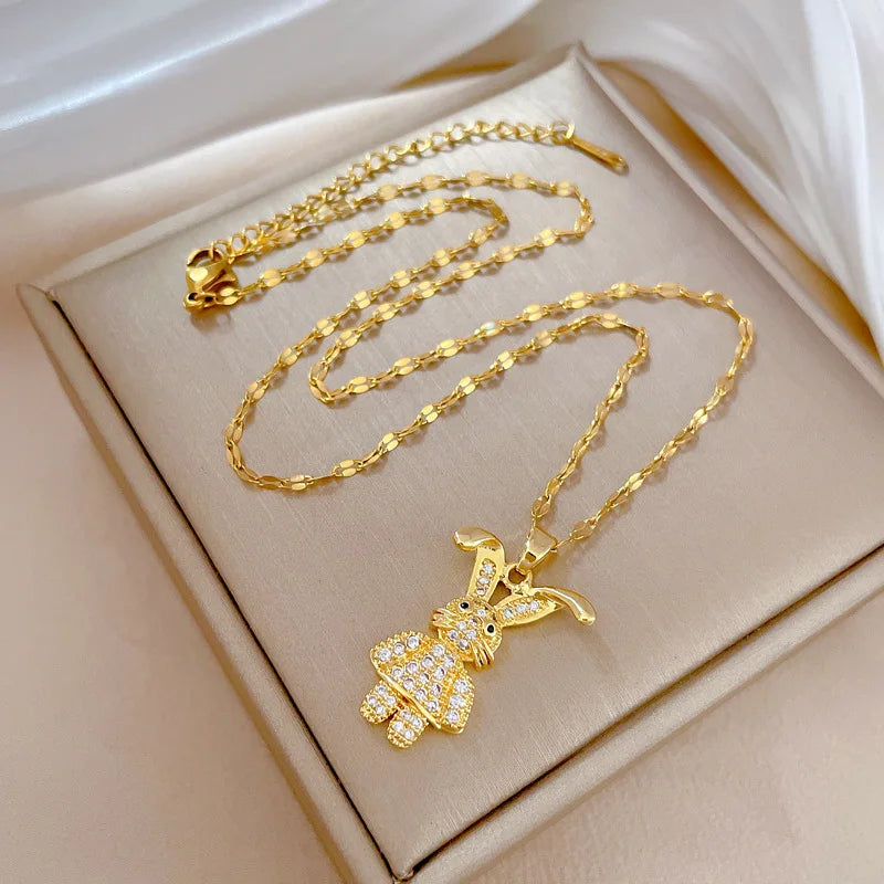 Trendy Gold Plated Stainless Steel Rabbit Necklace Jewelry Luxury Zircon Animal Pendant Necklace for Women Girls