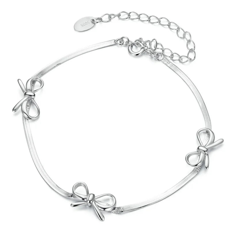 925 Sterling Silver Dainty Bow Bracelet for Women Cute Ribbon Bowknot Snake Bones Chain for Parties or Gifts