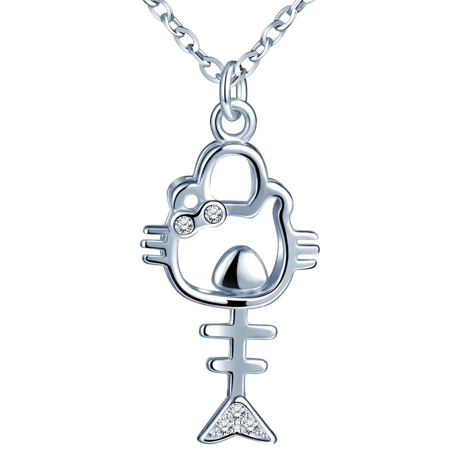 Hollow Cat and Fishbone Love Pendant S925 Sterling Silver Women's Adjustable Length Necklace
