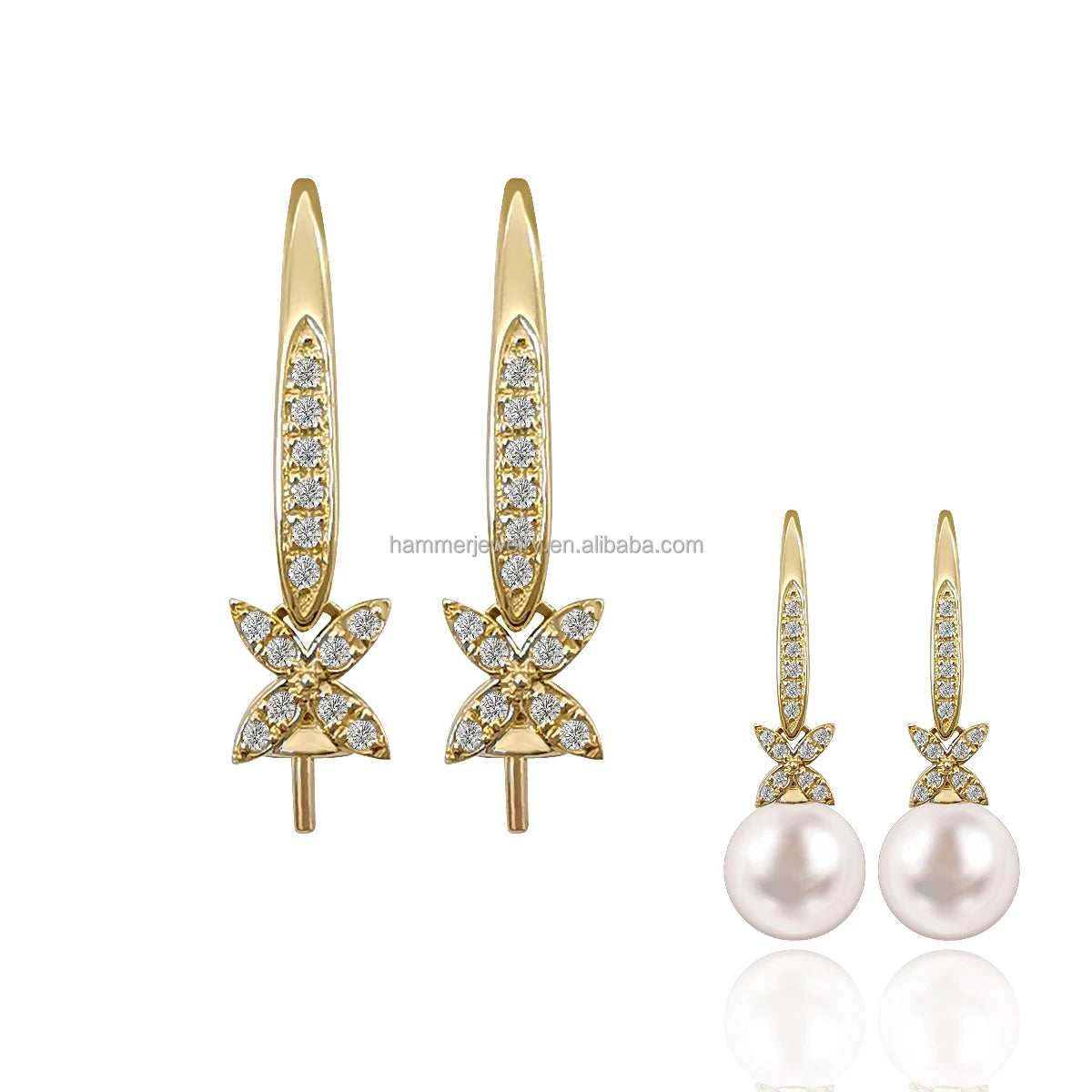 Luxury AU585 Real 14K Solid Gold Diamond Earring Semi Mount for Pearl Jewelry Setting  Au585 Gold Findings for Jewelry Making