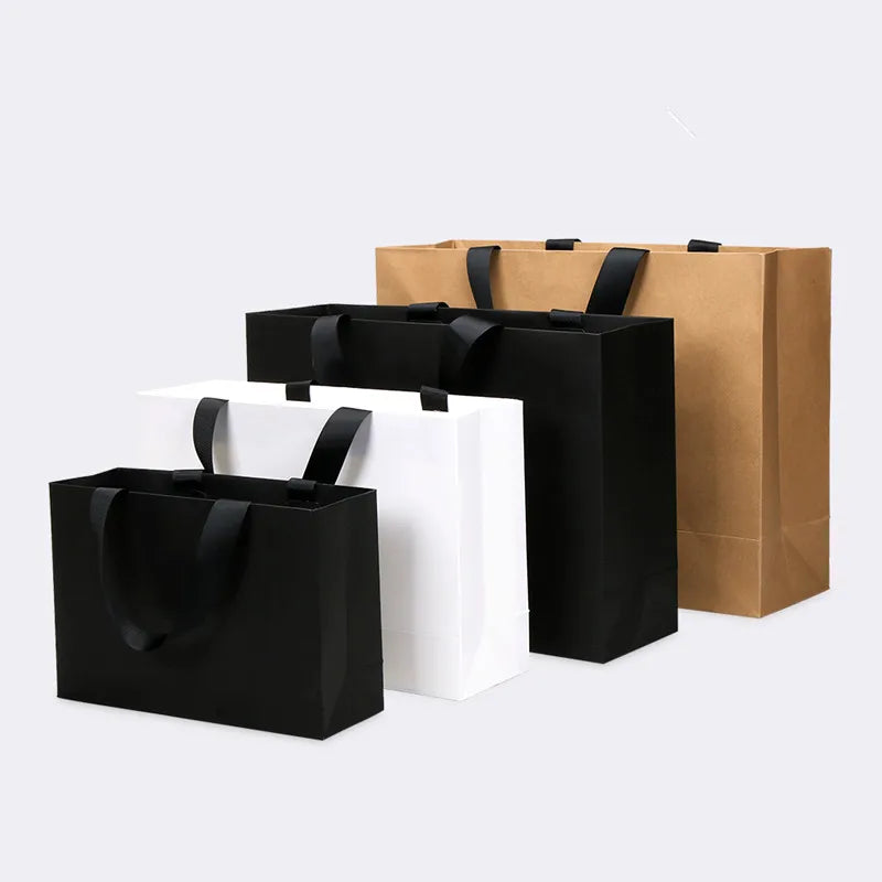 Wholesale Cheap Offset Printed Custom Logo Christmas White Kraft Black Paper Tote Bags Recycled Materials Supermarket Use Ribbon