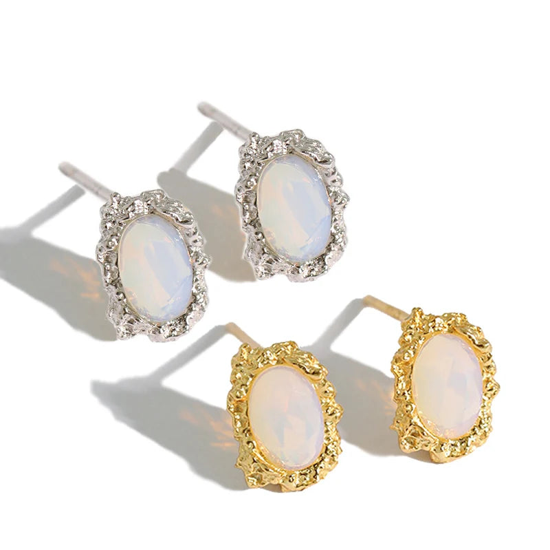 WMET371 S925 Sterling Silver Oval Opal Stud Earrings with Elegant Jewelry Gift for Women Girls Engagement Wedding Anniversary