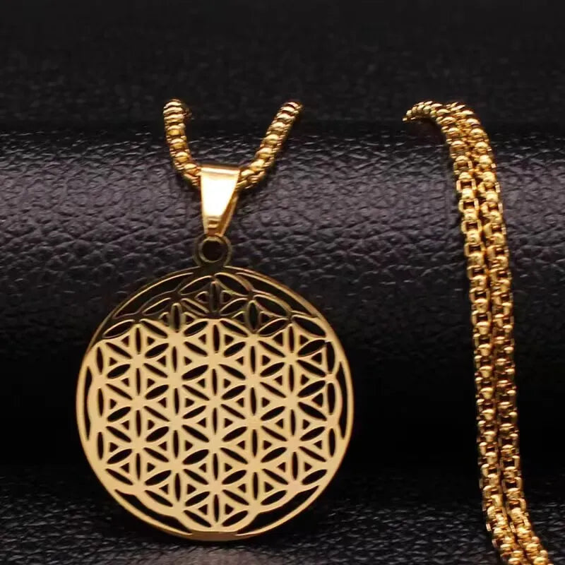 CSJA Wholesale Gold Plated Stainless Steel Flower of Life Pendant Necklace for Men Women