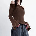 Vintage Fashion Striped Sweater Women Slim Pullover Off  Shoulder Initiated Sweater