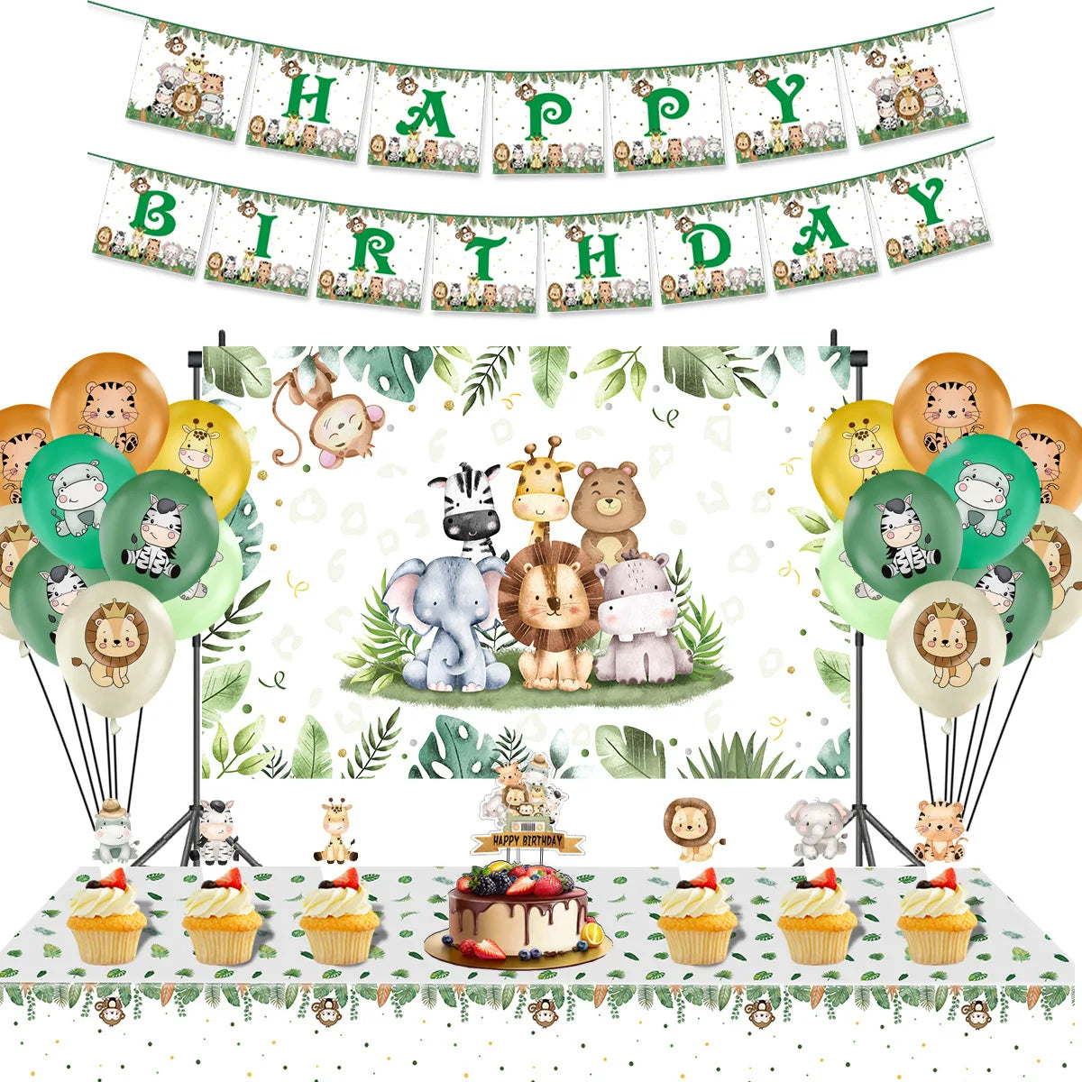 Jungle Animal Kids Birthday Party Tableware Set Includes Happy Birthdays Banner Cake Topper Latex Balloons Backdrop Decorations