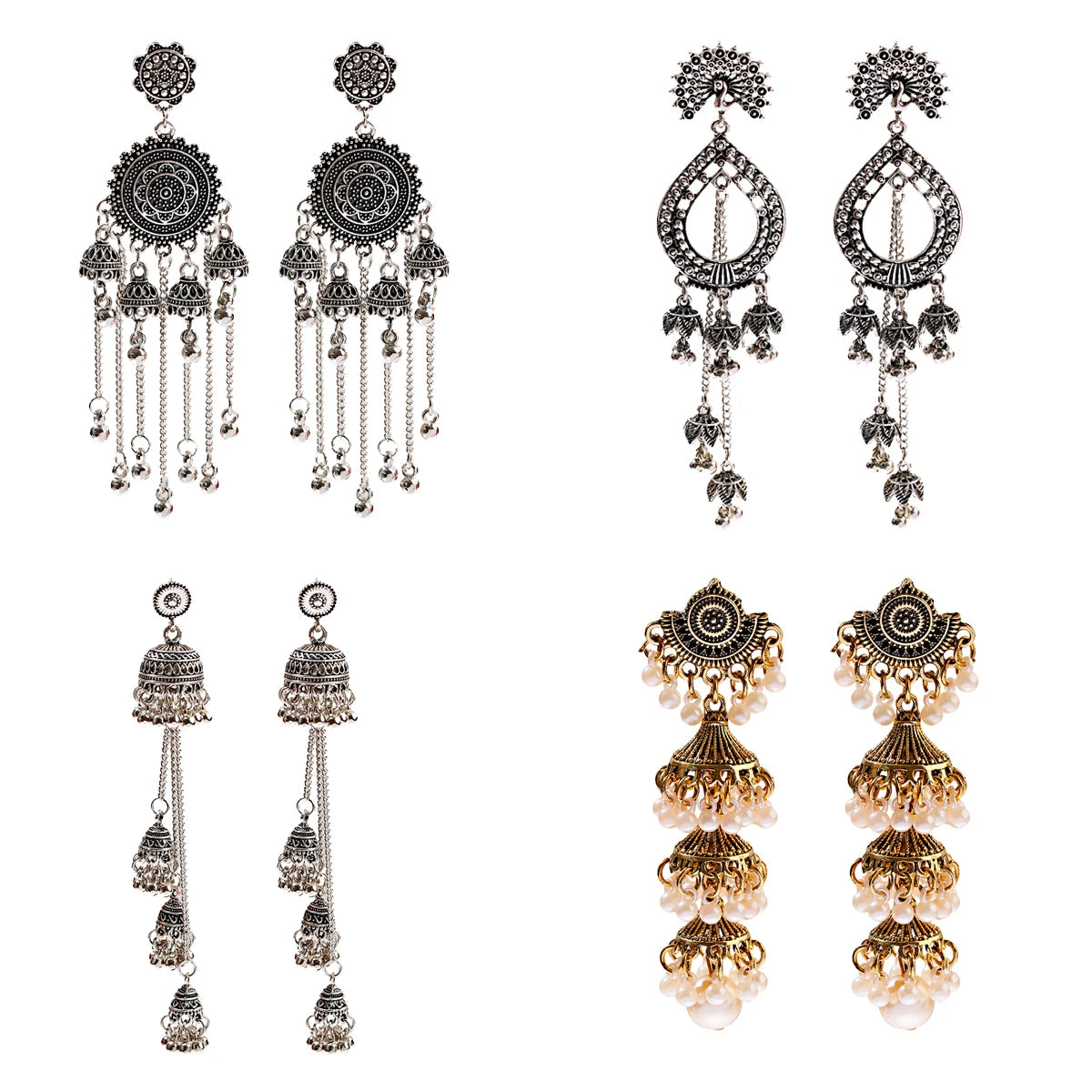 Douvei Long Tassel Chain Bells Silver Charm Jewelry 4 Pcs / Set Vintage Bohemian Stud Earrings for Women