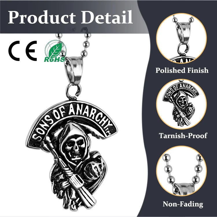 Nightclub European Trade Punk Men's Stainless Steel Low Allergy Anti Fading Death Reaper Scythe Pendant Skull Necklace