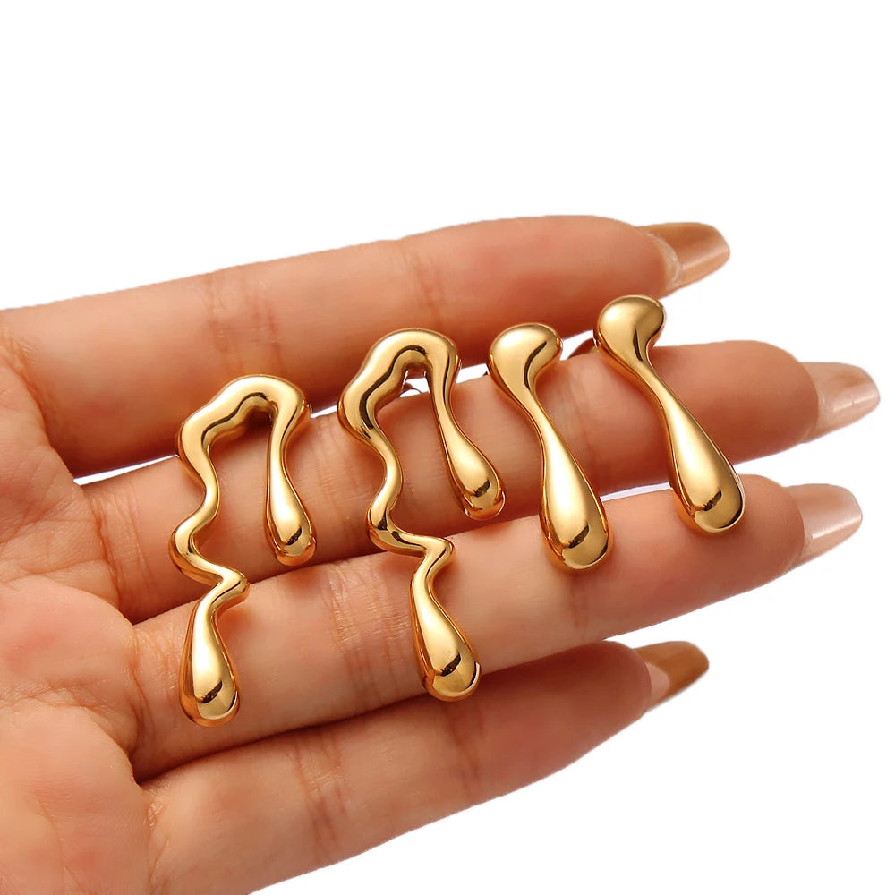 Women's 18K PVD Gold-Plated Stainless Steel Stud Earrings Irregular Geometric Design with Bezel Setting Inlay