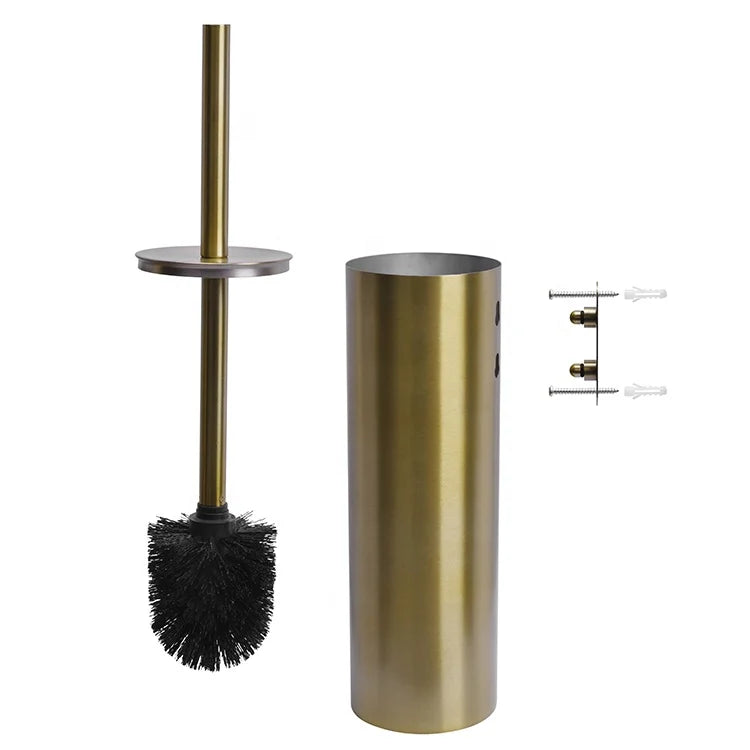 Modern Wall Mounted 304 Stainless Steel Golden Round Toilet Brush Brushed Gold Toilet Brush Holder Set
