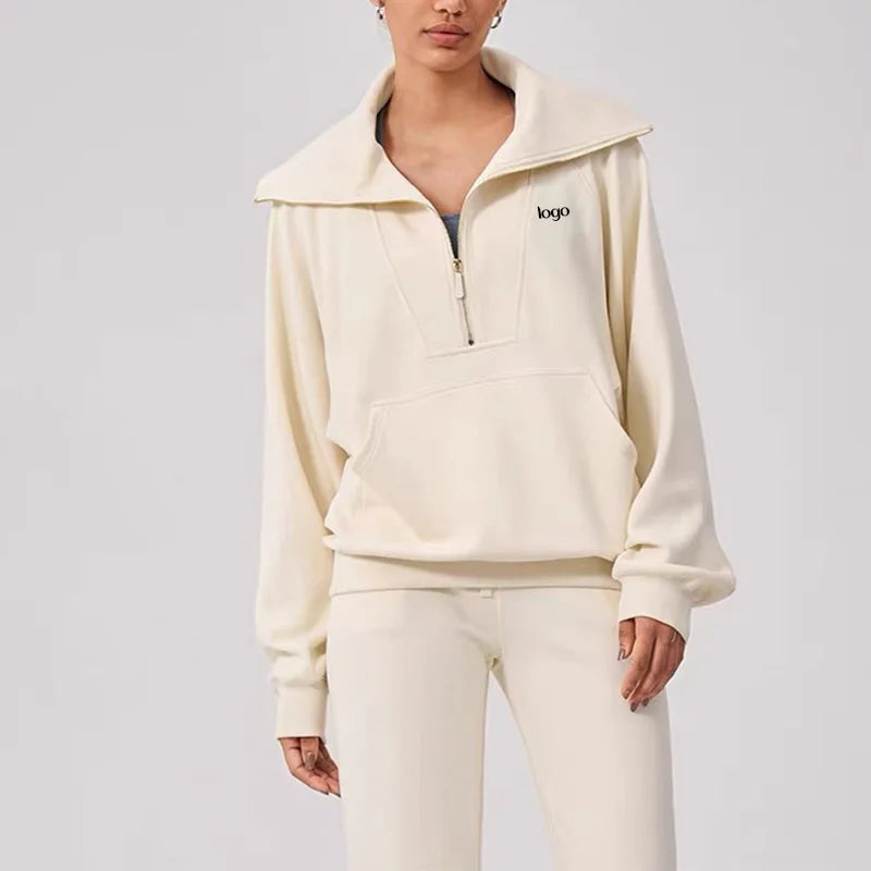 F230694 Custom Women Half Zip Heavyweight Pullover Warm Fleece Cotton Blank Oversized Zipper Turn-down Collar Sweatshirt