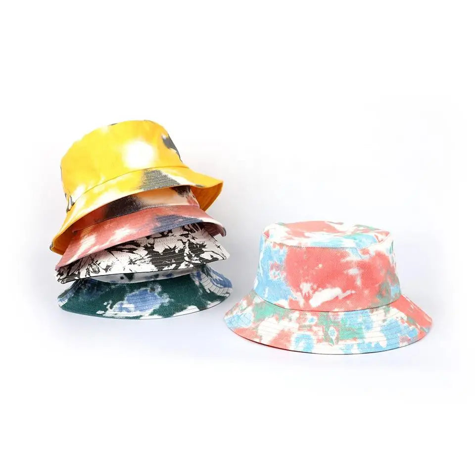 Wholesale Ladies Bucket Hat Women Fashion Reversible Black Faded Rainbow Print Tie Dye 100% Cotton Four Fishing Travel Daily