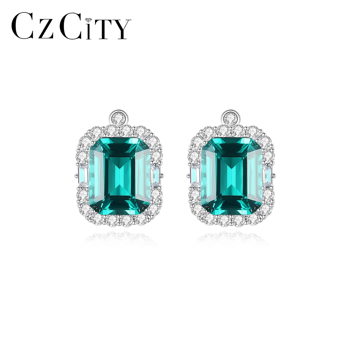 CZCITY Fashion Big Emerald Stud 925 Sterling Silver Elegant Bride Gemstone Wholesale Designer Inspired Luxury Earring